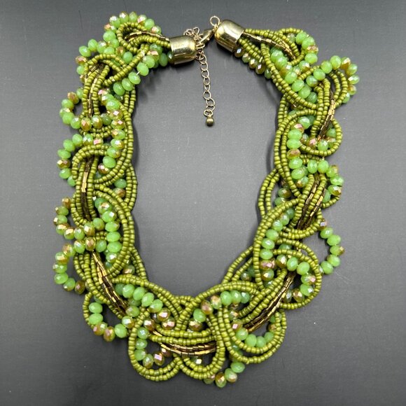 3/$30 Green Beaded Necklace Gold Tone Glass Seed Beads Multi Strand 14.5" - Picture 1 of 11